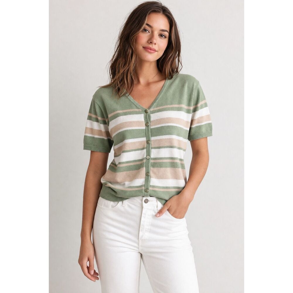 Vintage Forever Cotton Cardigan USA Striped Green Short Sleeve L